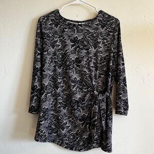 Elle Women’s Tan & Black Lace Long Sleeve Blouse with Side Tie Size:Large